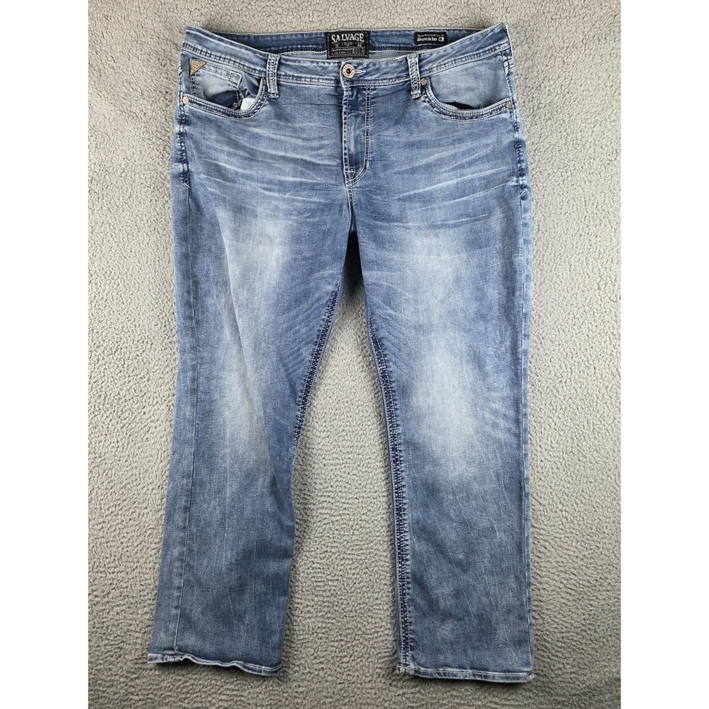 Salvage Anarchy Buckle Jeans Mens 40R (42x31)‎ Blue Relaxed Straight Distressed